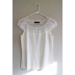 Cable & Gauge Petite White Embellished Short sleeve Pearl Mesh Knit Blouse